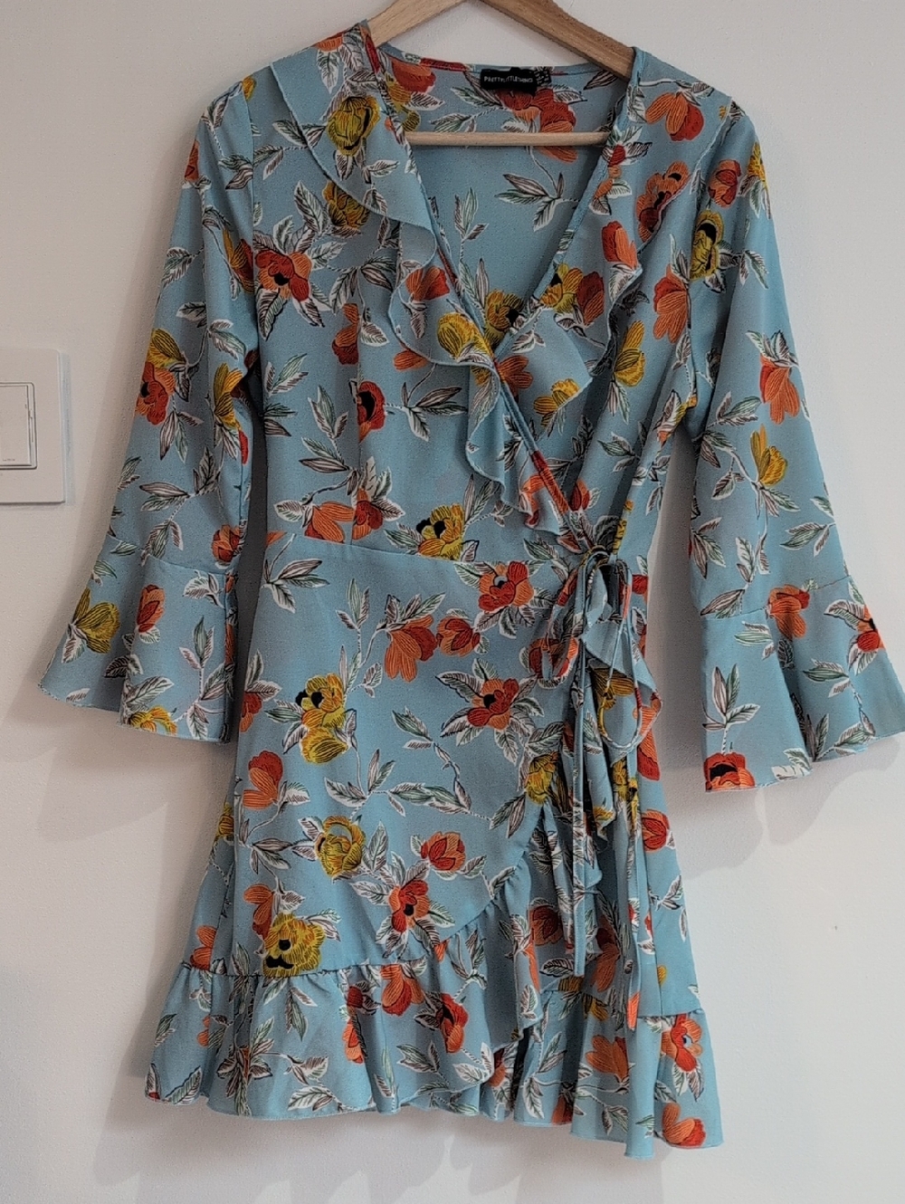 PrettyLittleThing Sky Blue Floral Wrap Mini Dress